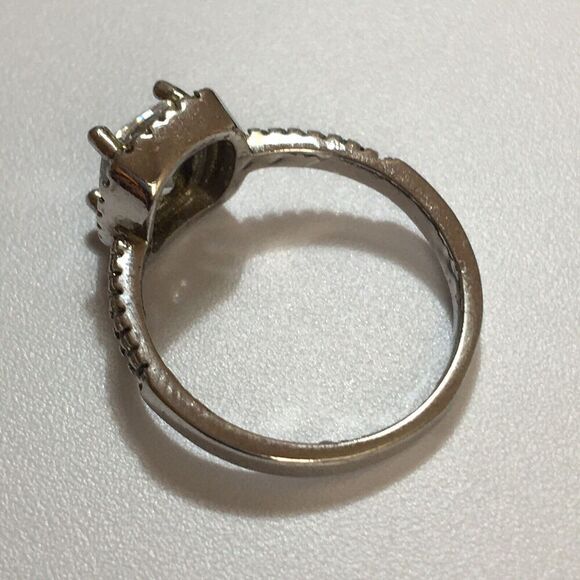 Silver Tone Halo Ring Square CZ 2.5mm Band Clear Gemstones Worn Plating - Picture 5 of 11